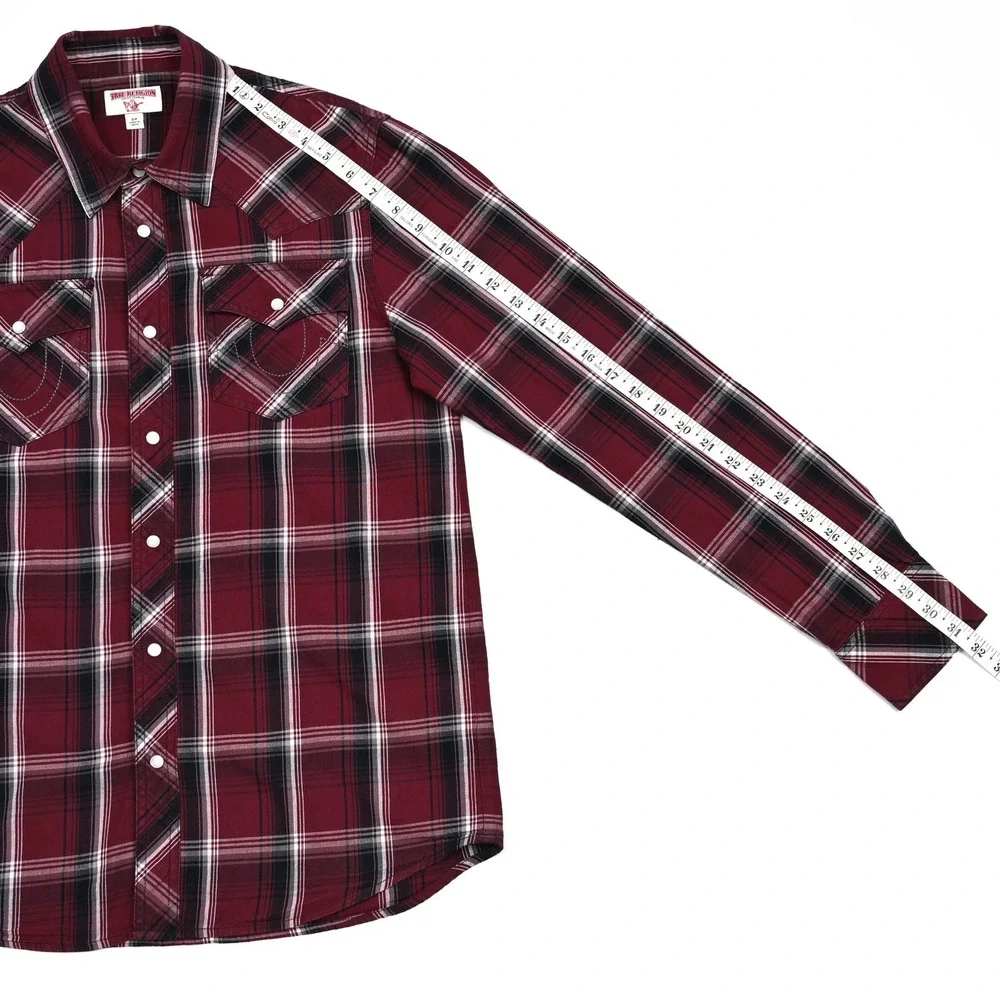 True‎ Religion Shirt Mens Small Plaid L/S Pearl Snap Rancher Work Embroidered